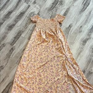 Floral Smocked Dress in Pink and Golden Yellow Shein M
